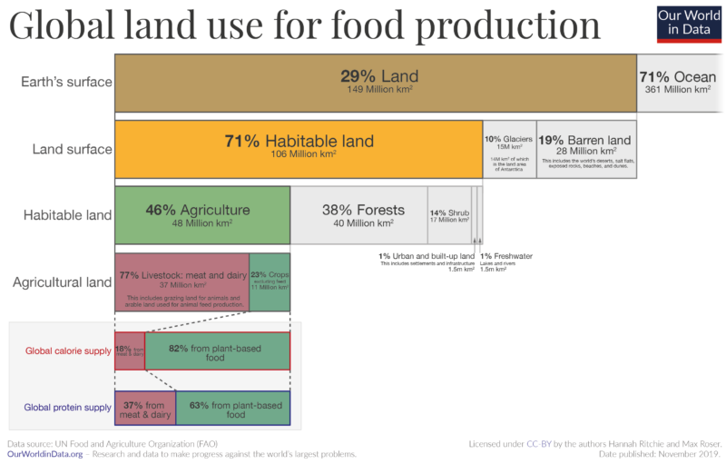 Our World in Data infographic showing how land is used globally. Almost half of all habitable land is used for agriculture. This has led to large scale deforestation.