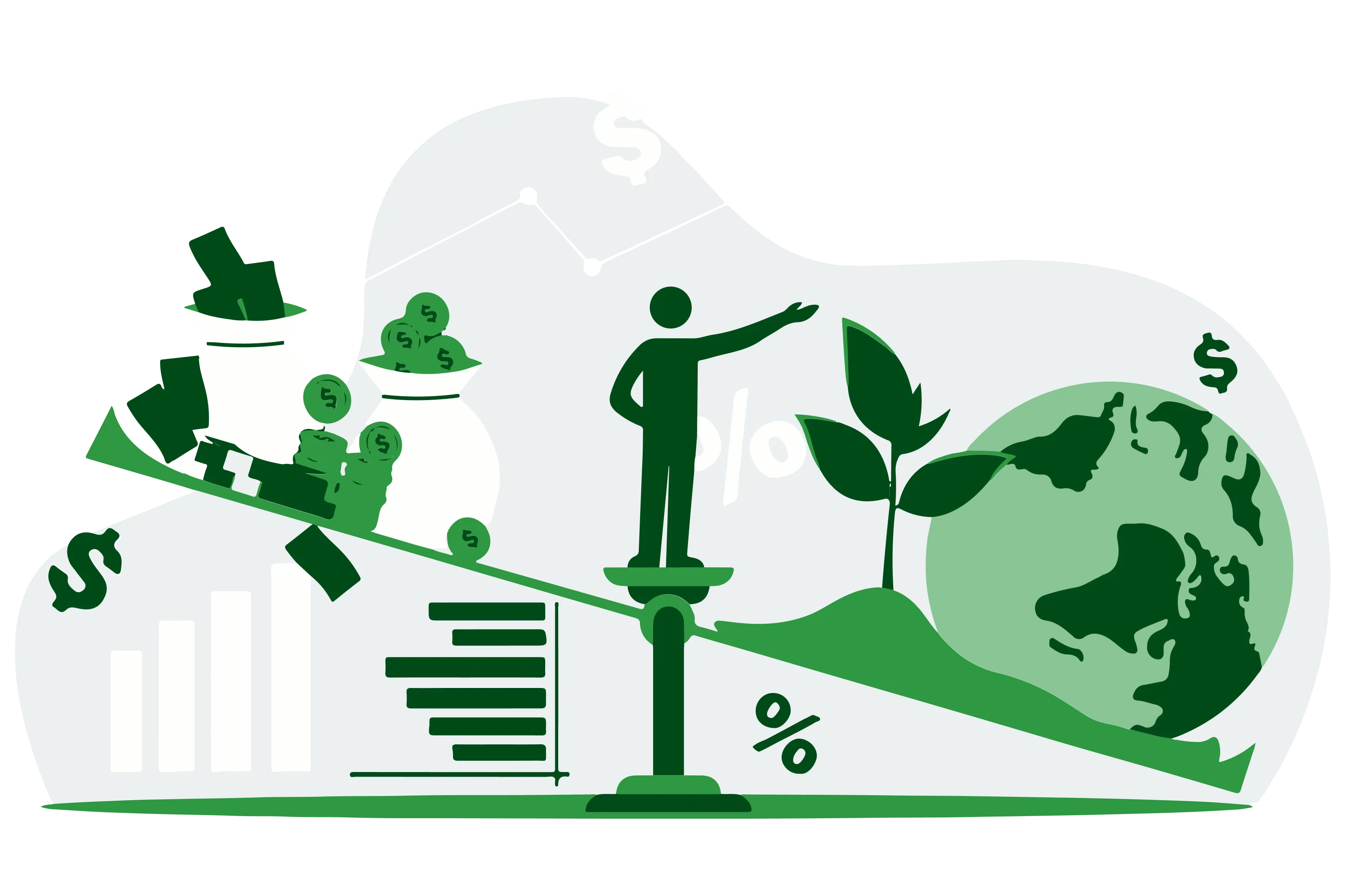 An image illustrating economic sustainability. The visual shows a balance weighing scale, with a green earth symbol on one side and various economic symbols, such as dollar signs and graphs, on the other side. The image highlights the concept that economic sustainability is about achieving a balance between economic growth and environmental protection. The image suggests that economic sustainability requires us to consider the long-term impacts of economic decisions and to prioritize investments that benefit both the economy and the environment. The image serves as a reminder that economic sustainability is not just about making money, but also about creating a stable and prosperous future for all.