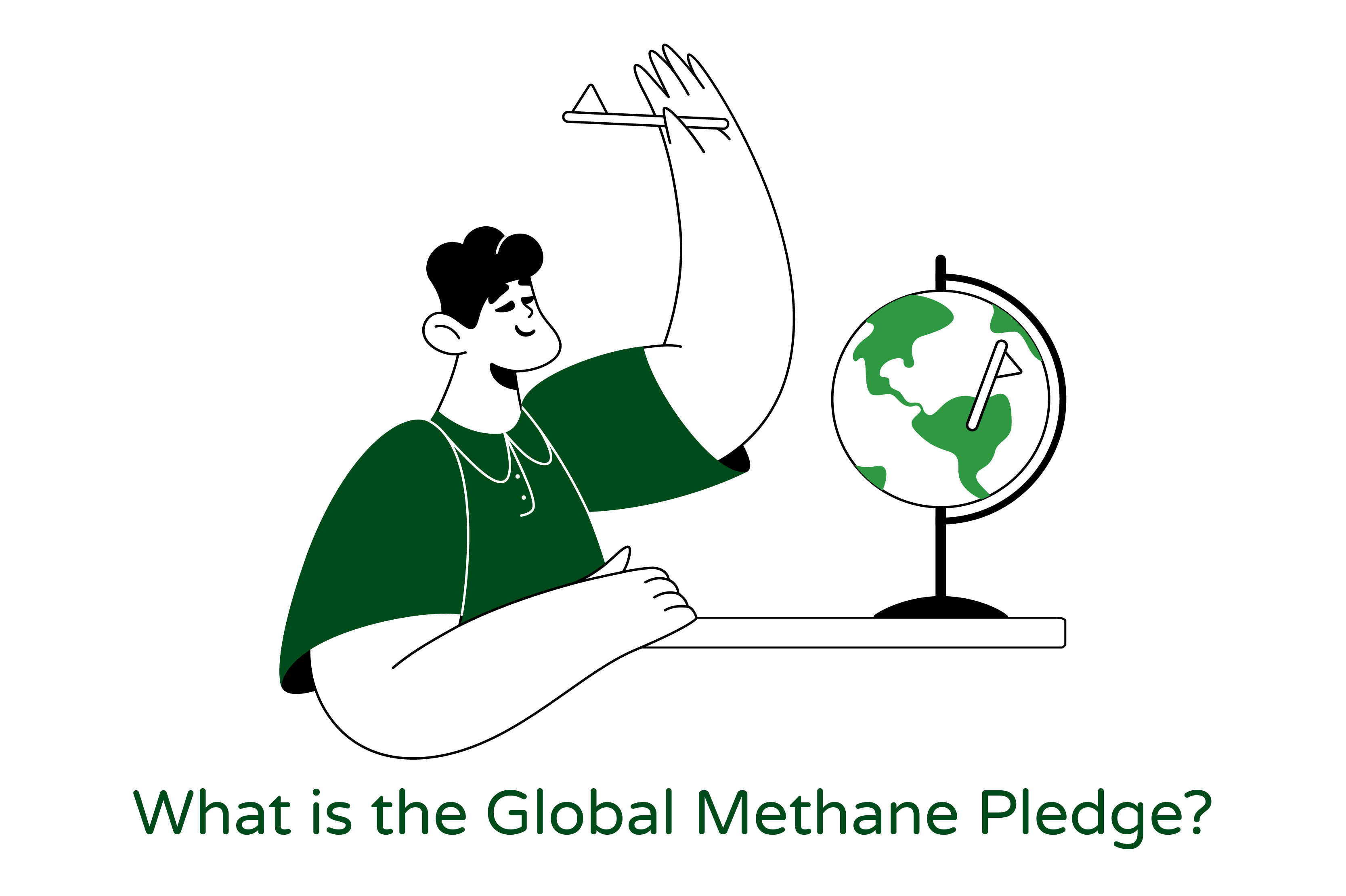 An image depicting the concept of a global methane pledge. The visual shows a globe icon with a person sitting in front of it, holding a flag in their hand to symbolize their pledge. The image highlights the global nature of the pledge, suggesting that people from around the world are coming together to address the issue of methane emissions. The use of the flag suggests that this is a personal commitment, and that individuals can play a role in reducing methane emissions.