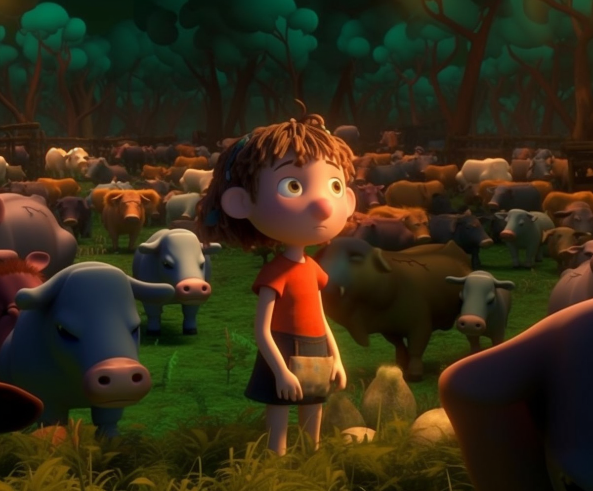 Midjourney interpretation of a captivating 3D animation showcases the implication of too much cattle farming