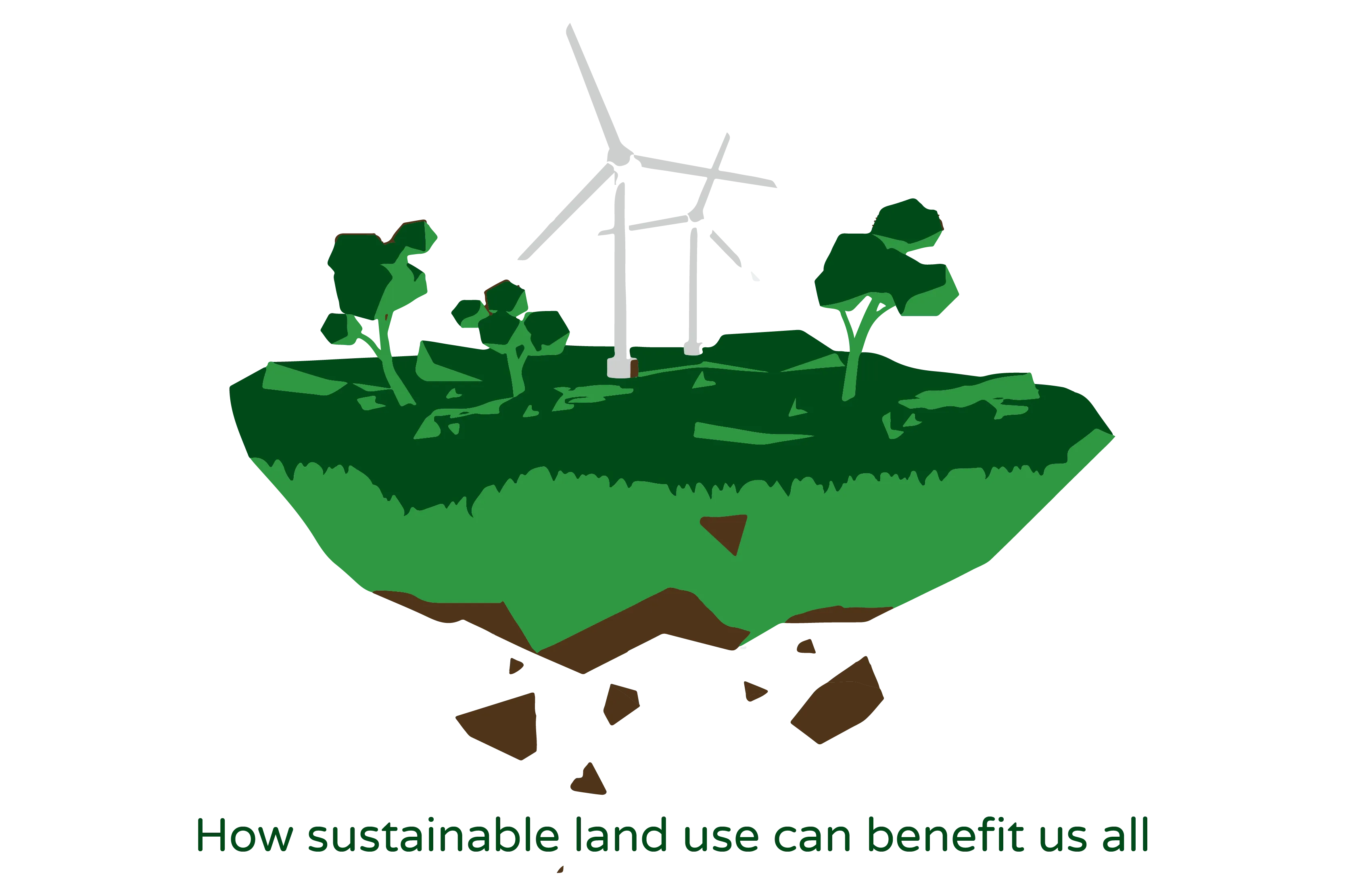 Illustration depicting a piece of land with trees, green grass, and windmills. The illustration also shows the underground wellness of the soil. The image showcases the concept of sustainable land use, with healthy vegetation, renewable energy generation through windmills, and a representation of the healthy soil ecosystem. It conveys the potential benefits of sustainable land use practices, including environmental conservation, carbon sequestration, and soil health.