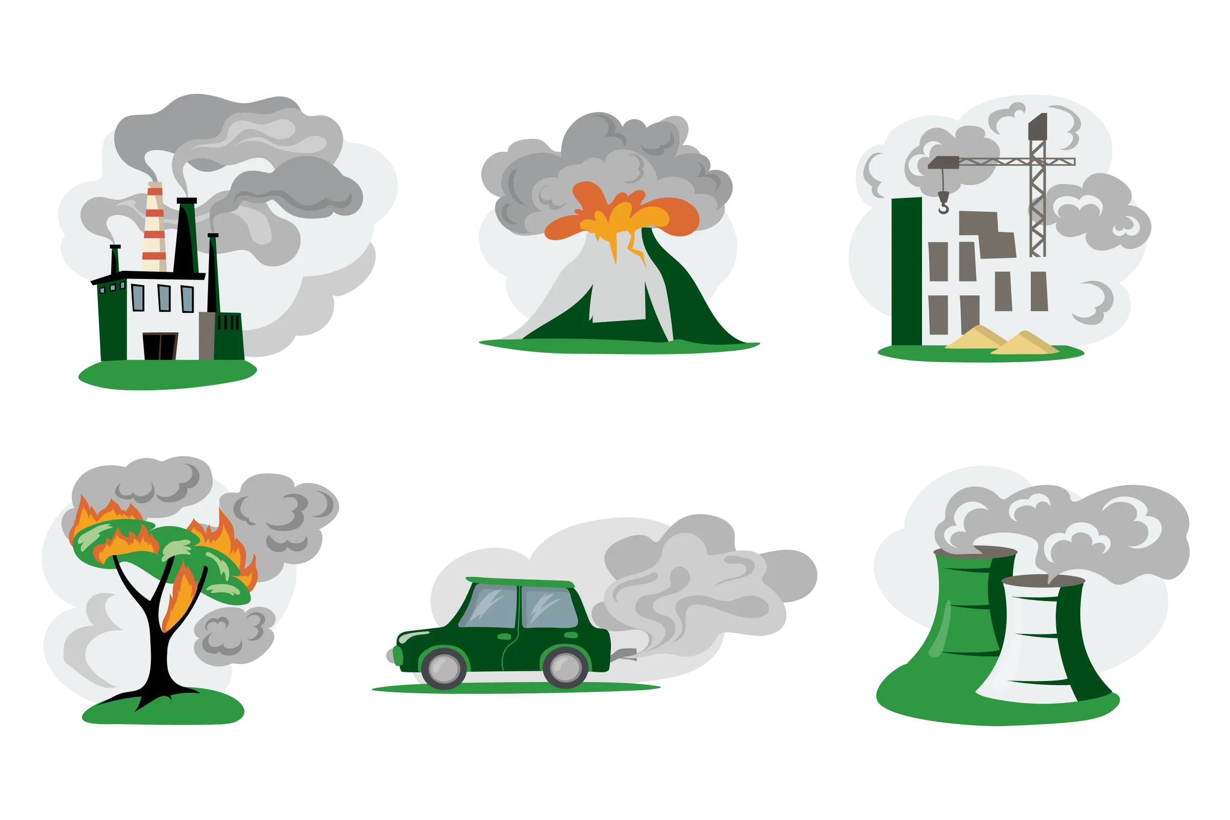 Visual depiction of greenhouse gases - Burning coal and oil, deforestation, and manufacture of products and materials like cement.