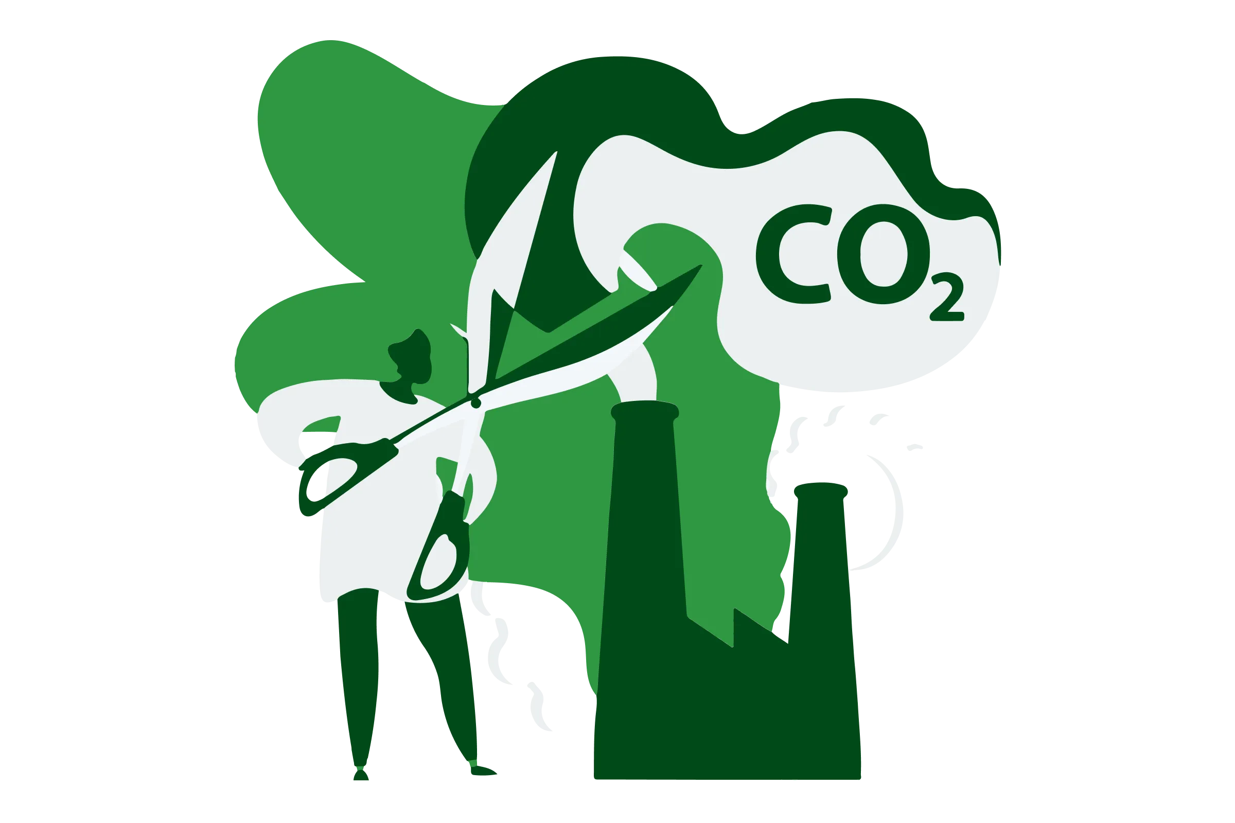 Illustration depicting a man cutting down emissions of CO2 from a factory with a large pair of scissors.