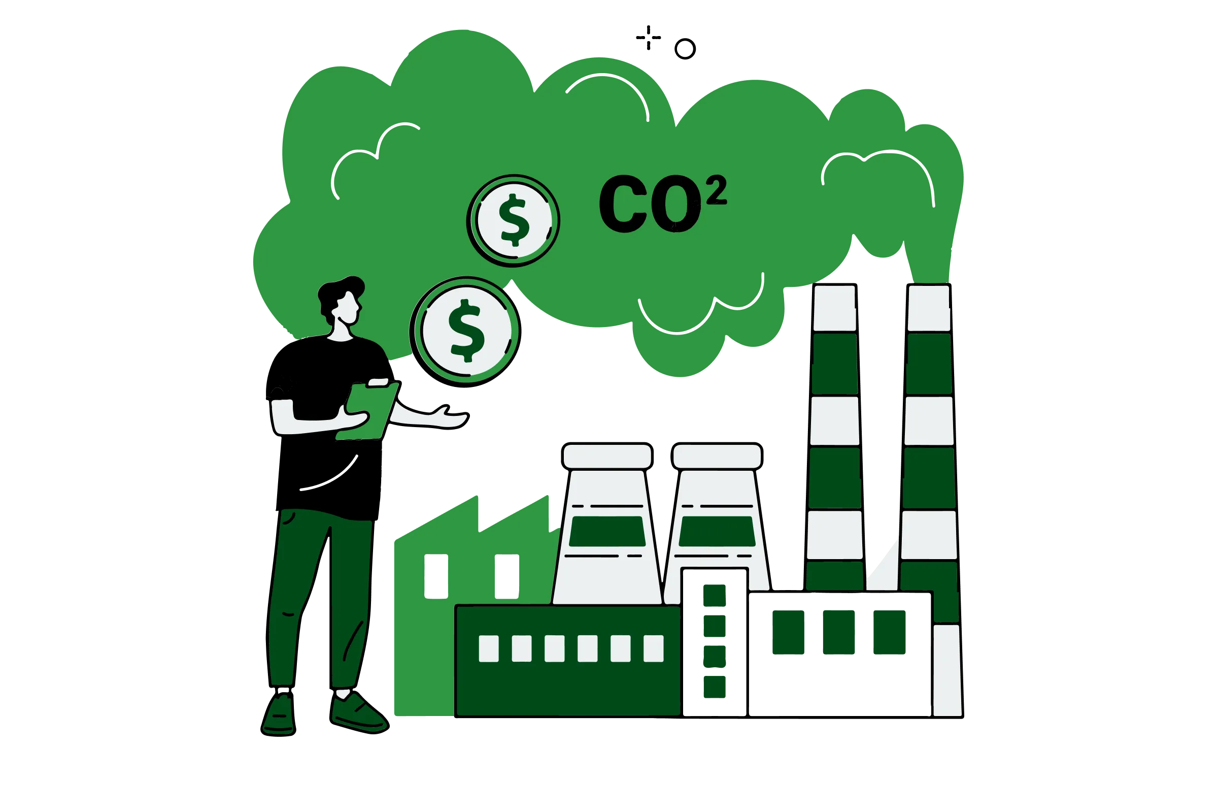 An illustration depicting a man standing outdoors with factories emitting CO2 in the background. The man is holding a calculator and appears to be calculating per capita emissions. The image highlights the significance of understanding emissions per capita in relation to industrial emissions.