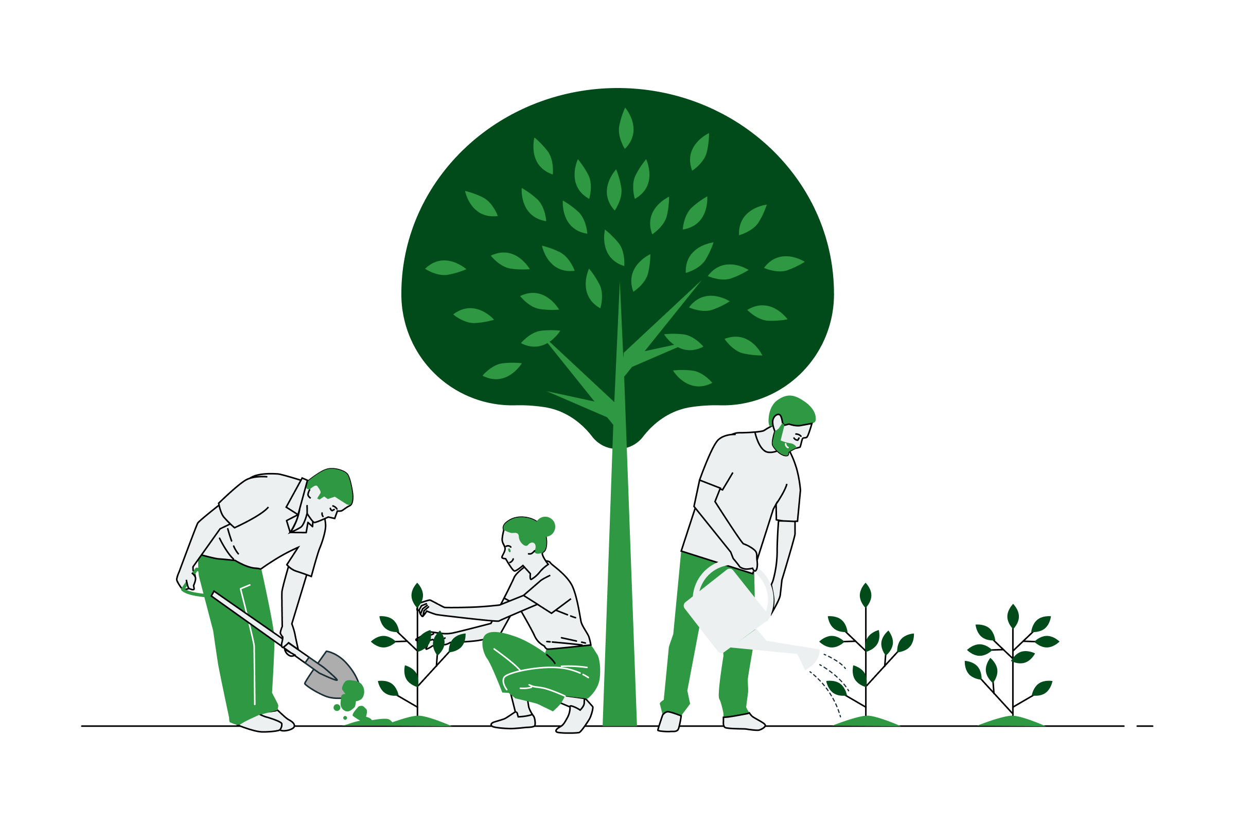  An image titled "Addressing forest loss through reforestation" showing three people planting trees on soil. The image depicts individuals engaged in reforestation efforts by growing plants on the ground. In the background, a tall tree can be seen, symbolising the positive impact of reforestation and promoting environmental conservation.