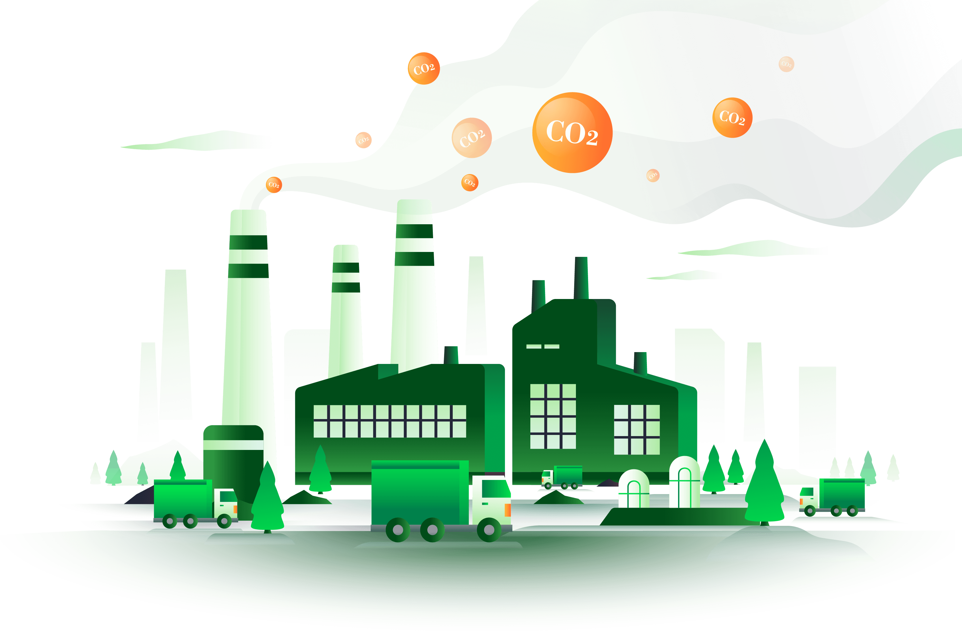 Illustration depicting the emission of CO2 from an environment, industry, and transportation sources. The illustration portrays a visual representation of an environment with trees, a factory symbolizing industry, and vehicles symbolizing transportation emitting CO2.  The representation of the environment signifies the natural surroundings and ecosystems. The factory symbolizes industrial activities, and the vehicles represent transportation emissions. CO2 is visually depicted as emissions from these sources.  The illustration aims to visually communicate the concept of CO2 emissions from industrial and transportation sectors, highlighting their impact on the environment and contributing to climate change. It underscores the need for sustainable practices and efforts to reduce carbon emissions in these sectors for a healthier and more sustainable planet.