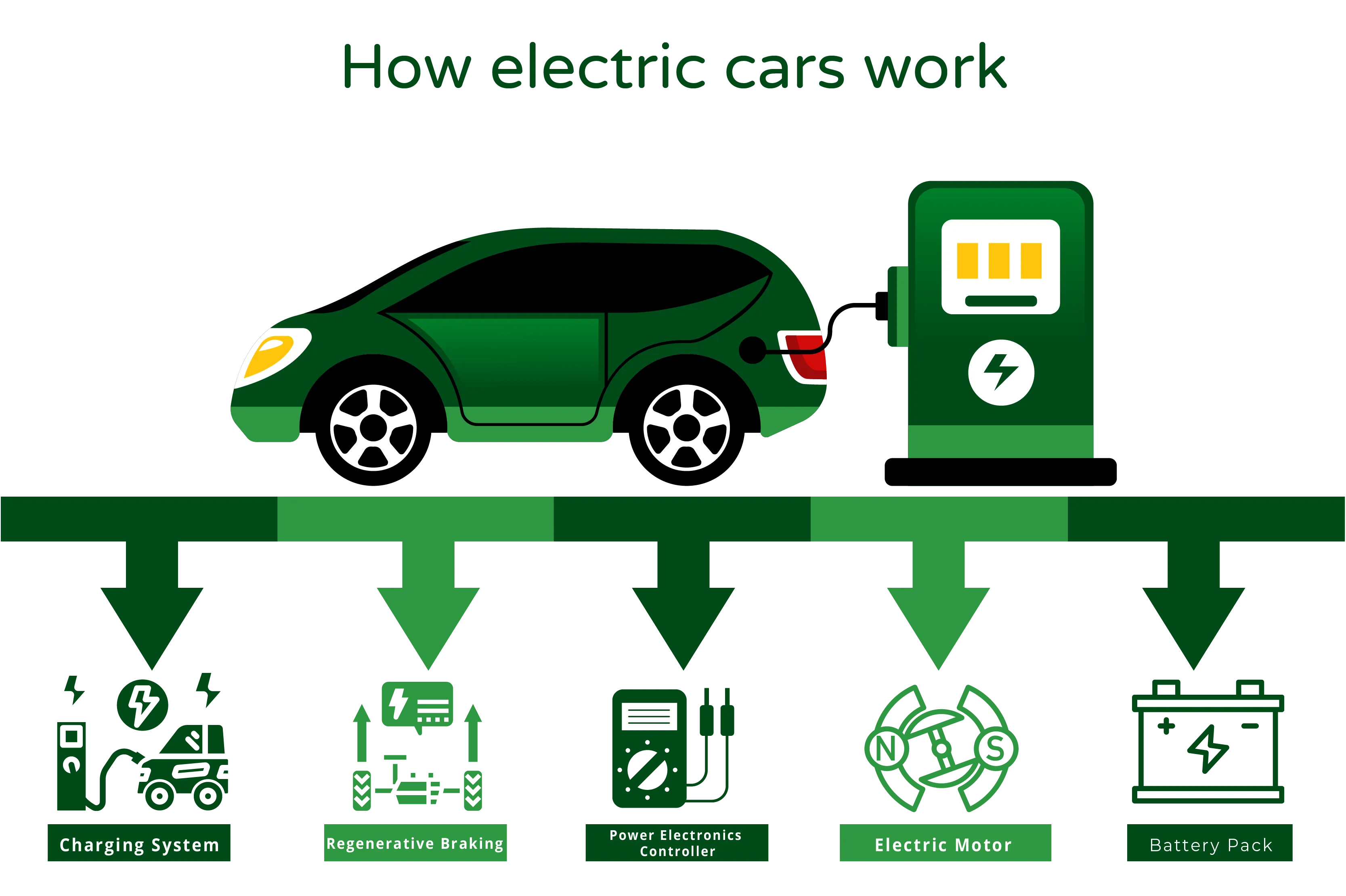 Illustration titled 'How Electric Cars Work.' The image showcases an electric car, accompanied by five graphical representations depicting the key components and functions of electric vehicles.  Battery Pack: Represented by a symbol, it signifies the large battery pack in electric vehicles that stores electrical energy. Typically, lithium-ion batteries are used due to their high energy density and long lifespan.  Electric Motor: Depicted with a symbol, it symbolizes the motor that converts electrical energy into mechanical energy to drive the car's wheels. Electric motors are highly efficient and deliver instant torque, resulting in quick acceleration.  Power Electronics Controller: Represented by a symbol, it represents the controller responsible for regulating the flow of electricity between the battery pack and the motor. It ensures the optimal amount of power is supplied to the motor for efficient performance.  Regenerative Braking: Depicted with a symbol, it represents the process of regenerative braking in electric cars. It captures the energy generated during braking and converts it back into electricity, which is then stored in the battery pack, enhancing the vehicle's overall efficiency.  Charging System: Represented by a symbol, it signifies the charging infrastructure used by electric cars. This can include charging stations or standard household electrical outlets, where the vehicle connects to recharge its battery. Charging times vary based on the infrastructure and battery capacity.  The illustration visually presents the functioning of electric cars, highlighting the role of the battery pack, electric motor, power electronics controller, regenerative braking, and charging system in enabling their operation. It aims to provide an overview of how electric vehicles work, emphasizing their efficiency and eco-friendly characteristics.