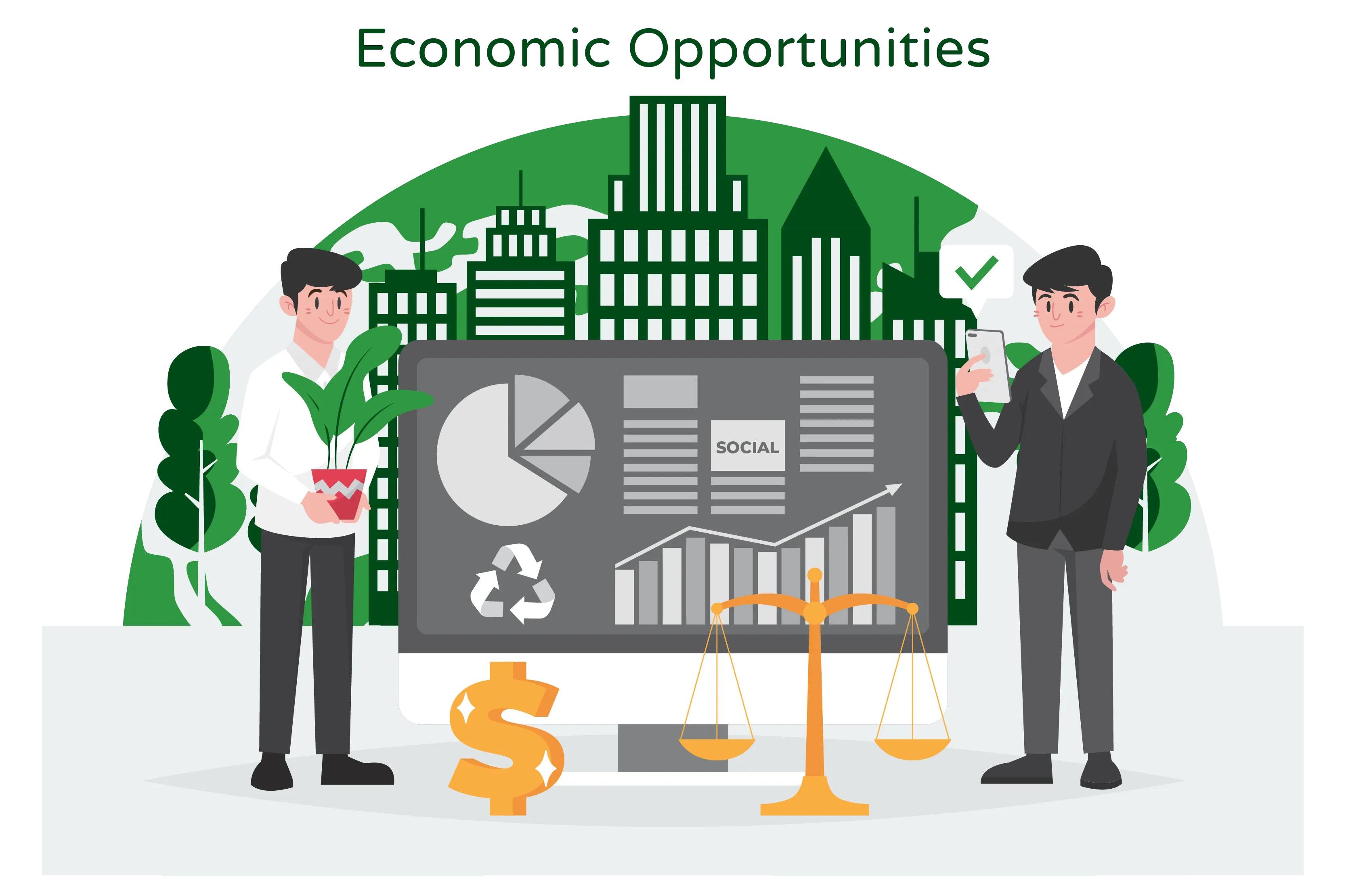 Illustration titled 'Economic Opportunities.' In the foreground, two men are depicted. One is holding a pot of plant, symbolizing environmental sustainability and green initiatives, while the other is holding a cell phone, representing technological advancements.  In the more front of the illustration, there is a sign of a dollar and a scale of equity, suggesting economic prosperity and fair distribution of resources. In the background, there are buildings and economic charts, indicating a growing economy and social opportunities.  The illustration conveys the idea that economic opportunities arise from a combination of environmental sustainability, technological advancements, and equitable distribution of resources. It symbolizes the potential for economic growth, prosperity, and social progress when these factors are integrated.  Overall, the illustration visualizes the positive relationship between economic opportunities, environmental consciousness, and technological advancements, highlighting the potential for a thriving economy with social inclusivity.