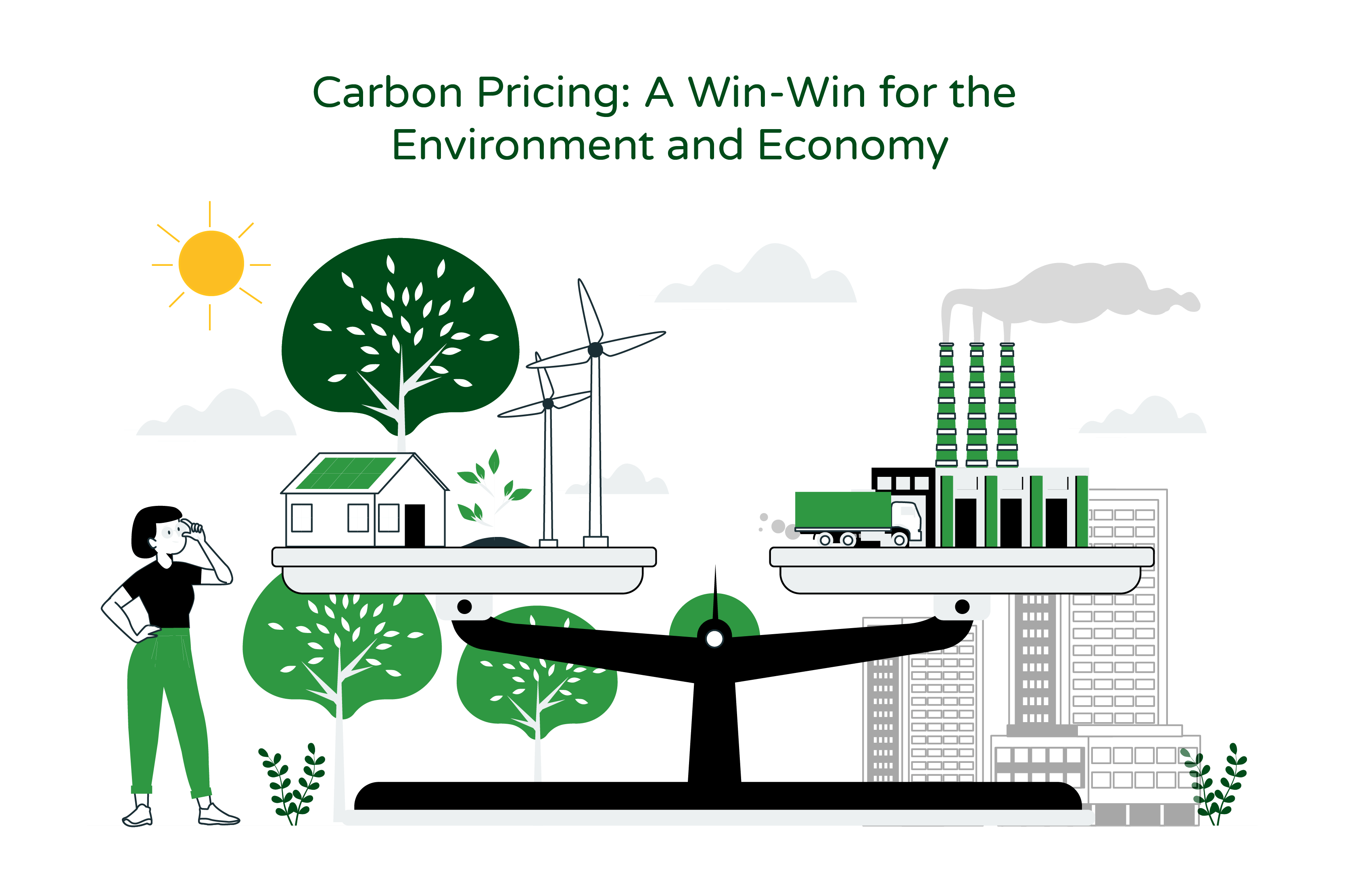 An illustration titled 'Carbon Pricing: A Win-Win for the Environment and Economy.' The illustration portrays a balanced scale, visually divided into two sides. On the left side, there are depictions of thriving industries and large buildings, symbolizing economic growth and development. This side represents the benefits to the economy that can result from carbon pricing.  On the right side of the scale, there is a depiction of a home surrounded by windmills, indicating the use of renewable energy sources. The presence of a shining sun and a pristine, green environment signifies the positive impact of sustainable practices and a reduced carbon footprint.  Overall, the illustration communicates the idea that implementing carbon pricing can lead to a harmonious balance between economic prosperity and a sustainable environment, benefitting both aspects in a mutually advantageous way.