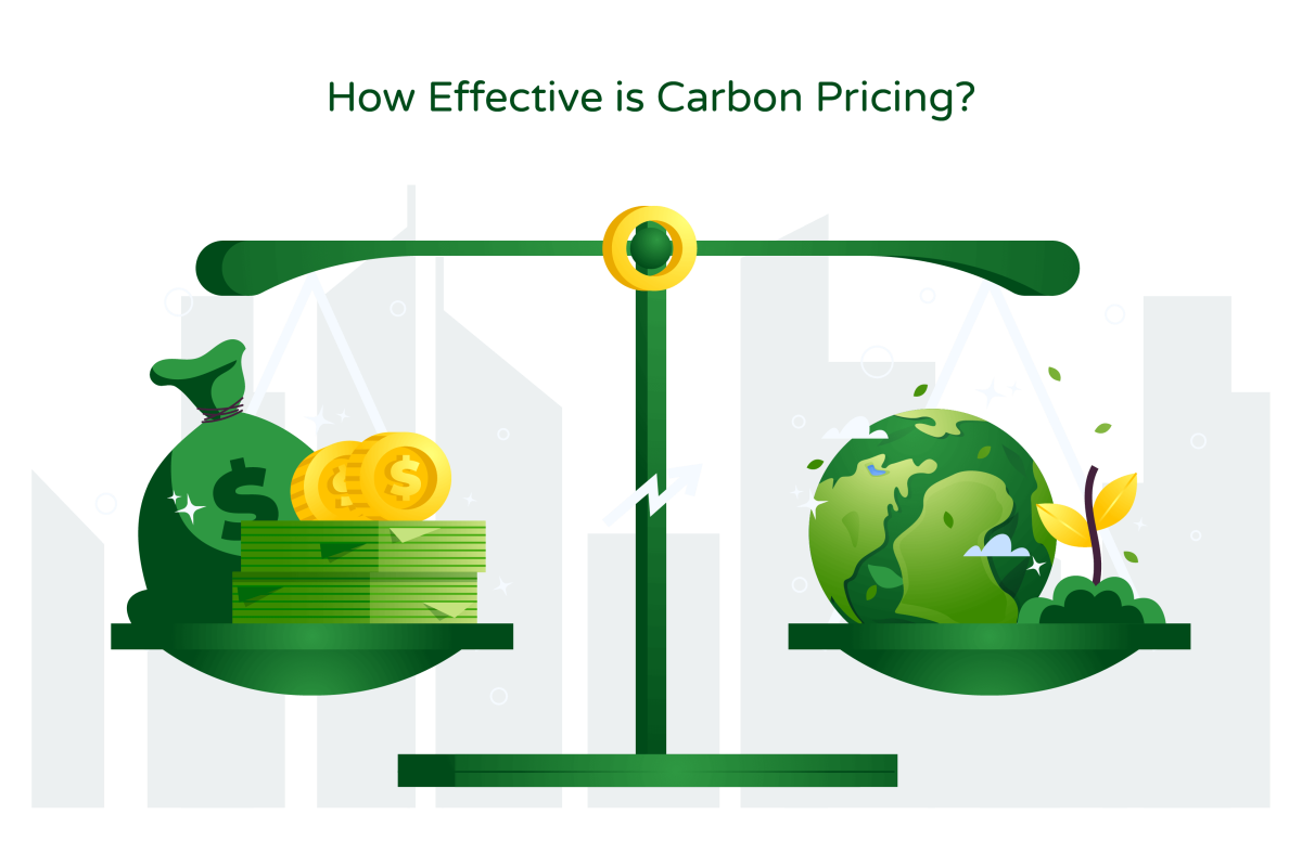 Illustration titled 'How Effective is Carbon Pricing?' featuring a scale metaphor. On one side of the scale, there is a representation of a sustainable Earth, symbolizing environmental well-being. On the other side, there is a depiction of a bag filled with cash and dollars, representing economic benefits. The illustration conveys the concept that implementing carbon pricing can lead to a more sustainable Earth by creating a balance between economic prosperity and environmental conservation. It suggests that carbon pricing can contribute to both financial gains and a healthier planet.