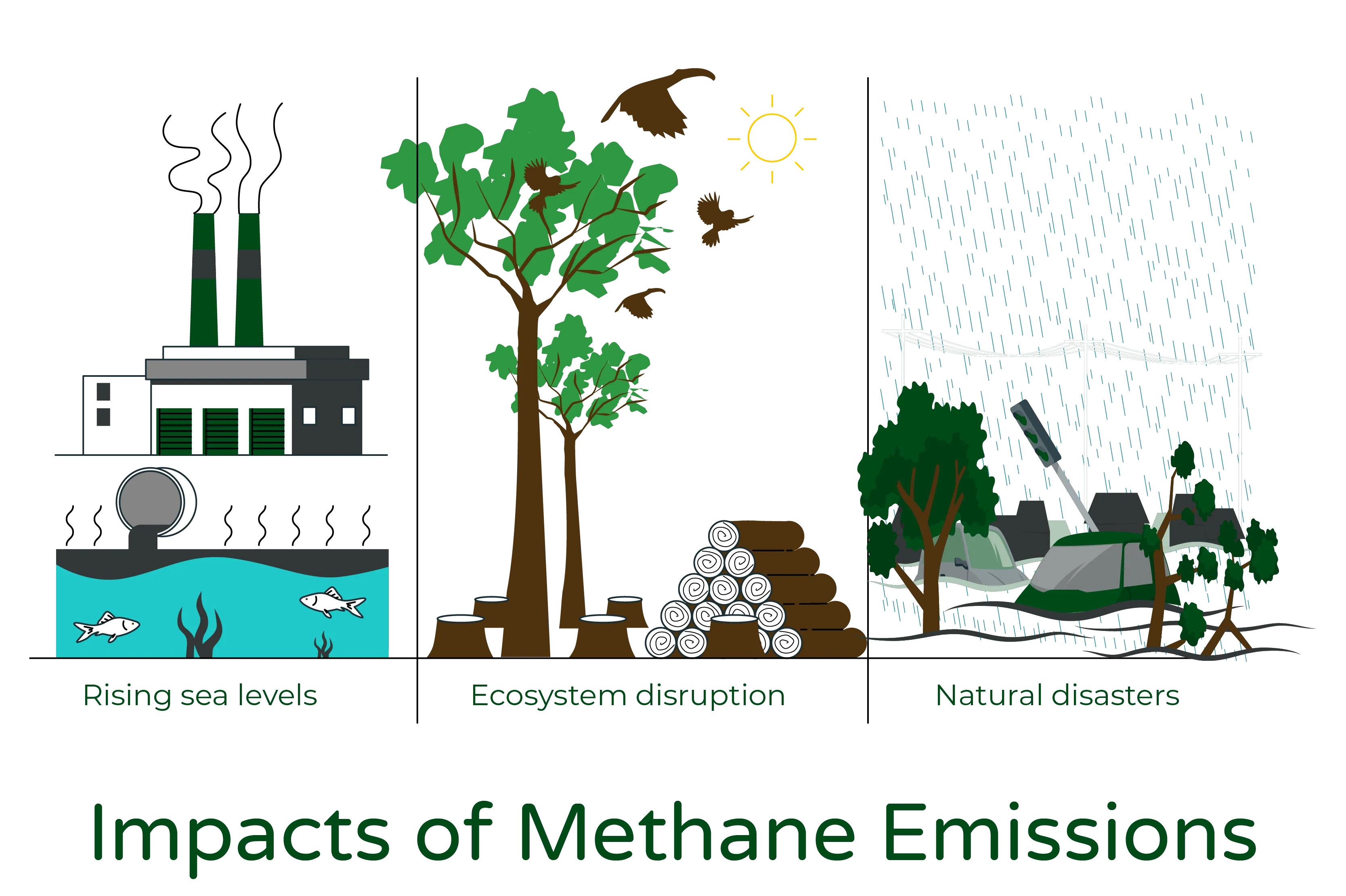 Illustration titled 'Impacts of Methane Emission.' The image showcases three distinct scenarios highlighting the detrimental effects of methane emissions. In the first scenario, an industrial facility is depicted with polluted water being discharged directly into the sea. This visually represents the harmful impact on marine life, as well as the consequences of rising sea levels attributed to methane emissions.  Moving to the second scenario, the illustration portrays a scene where trees are being cut down, symbolizing deforestation. As a result, birds are shown flying away, illustrating the disruption of ecosystems caused by methane emissions. This scenario serves as a reminder of the far-reaching consequences of human activities on the natural world.  Finally, the third scenario portrays a flooded area with a car submerged in water alongside trees. This depiction represents the occurrence of natural disasters triggered by methane emissions, such as severe flooding. The inclusion of the car and trees emphasizes the scale of destruction and the potential risks posed to both human infrastructure and the environment.  Overall, the 'Impacts of Methane Emission' illustration underscores the multifaceted consequences of methane emissions across different domains. It draws attention to the ecological disruptions, rising sea levels, and the heightened occurrence of natural disasters associated with methane emissions, urging viewers to consider the urgency of addressing this issue.