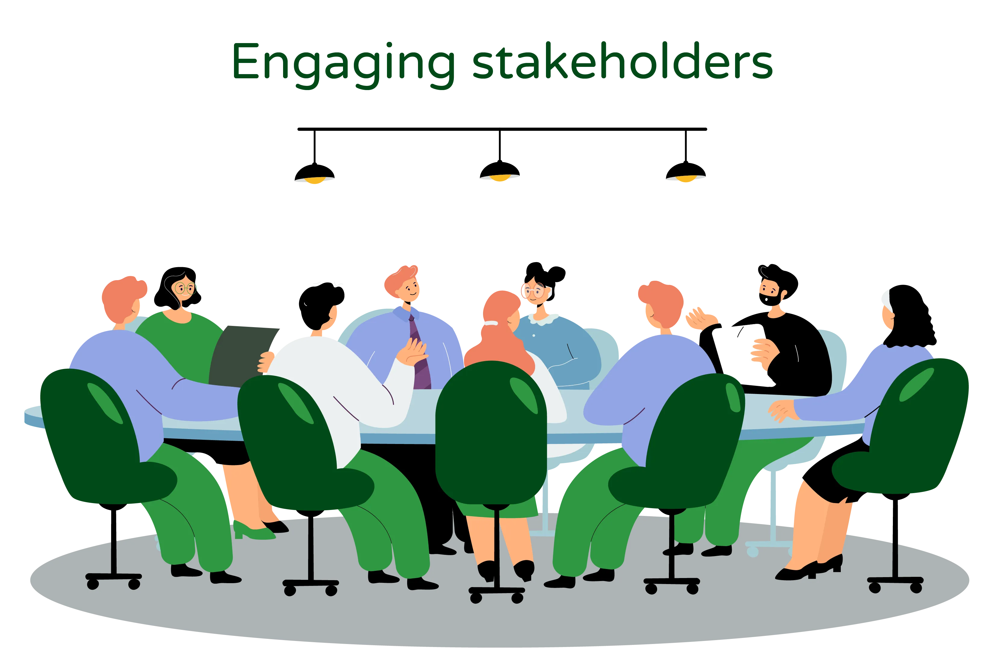 Illustration depicting a roundtable conference on methane reduction with stakeholders. The image features a group of individuals seated around a table engaged in a discussion. They represent diverse stakeholders, including policymakers, industry representatives, scientists, and environmental advocates, coming together to address methane emissions.  The conference setting indicates a collaborative approach towards finding solutions. The participants are shown exchanging ideas, sharing expertise, and working towards consensus on strategies for reducing methane emissions. The roundtable format symbolizes inclusivity, cooperation, and the importance of dialogue in addressing this global challenge.  The illustration represents a collective effort among stakeholders to tackle methane emissions through collaborative decision-making and informed discussions. It conveys the significance of multi-stakeholder engagement and highlights the commitment to finding effective solutions for mitigating methane's impact on the environment and climate change.