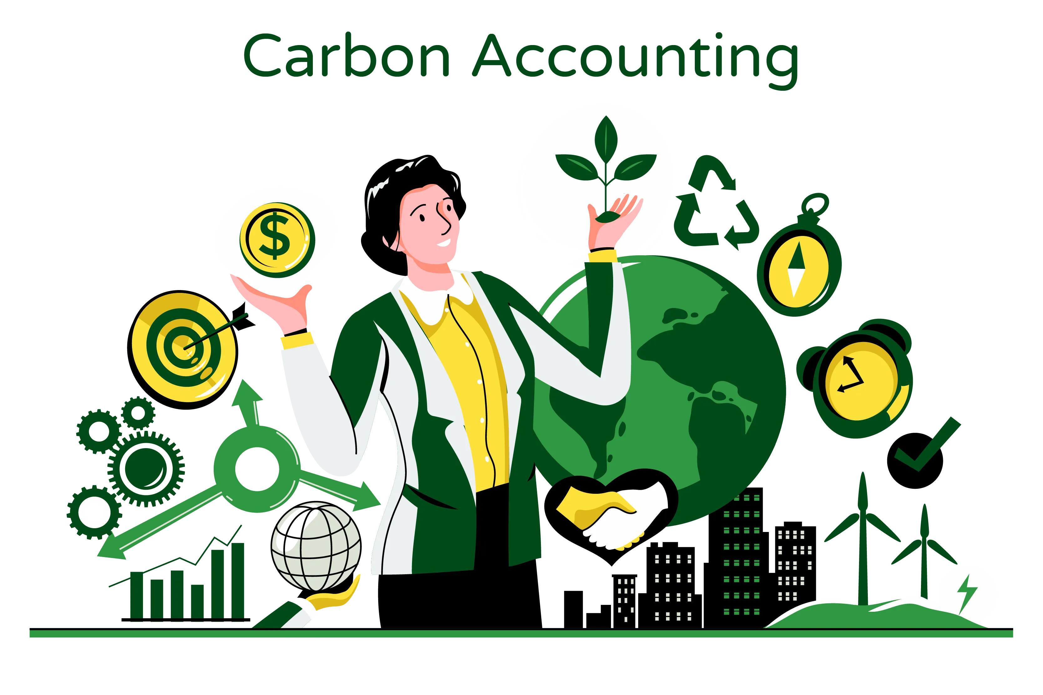 llustration titled 'Carbon Accounting' depicts a female holding a dollar in one hand and a plant in the other, with a globe in the background. The image also includes symbols representing sustainability, a clock, and turbines. On the other side, there is an economic graph. The illustration symbolizes the transformative potential of carbon accounting methods as described in the accompanying paragraph."  The illustration visually represents the concept of carbon accounting, aligning with the title and paragraph. The woman holding a dollar and a plant represents the dual focus of balancing economic considerations and environmental sustainability. The presence of a globe signifies the global impact and interconnectedness of carbon accounting efforts.  Symbols such as the sustainability sign, clock, and turbines convey the urgency of addressing the climate emergency and the need for sustainable practices. On the other side, the economic graph represents the recognition that carbon accounting goes beyond compliance—it is about integrating sustainability into responsible corporate citizenship and leading the way towards a more sustainable future.  Overall, the 'Carbon Accounting' illustration visually captures the idea presented in the paragraph by depicting the transformative potential of carbon accounting methods, highlighting the importance of understanding a business's environmental impact as intimately as its financial bottom line in the face of the climate crisis.