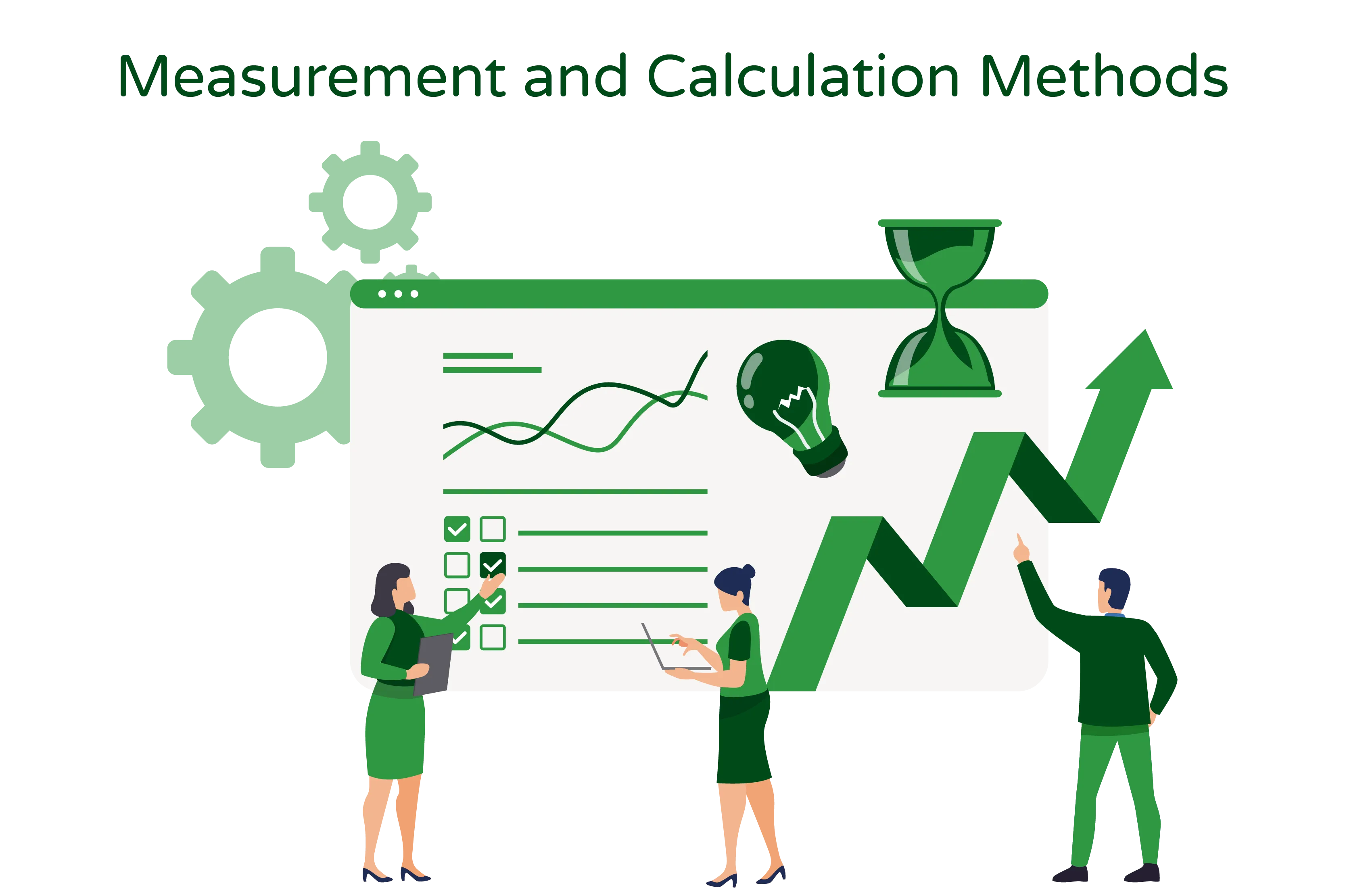 Illustration titled 'Measurement and Calculation Methods' showcases three individuals and a large screen displaying various measurement methods, including graphs, lines, true and false indicators, with a lightbulb symbol in one corner and settings symbols in the other corner."  The illustration visually represents the concept of measurement and calculation methods in carbon accounting, as indicated by the title. The three individuals symbolize the engagement and involvement of people in the process of measuring and calculating data.  The central focus of the illustration is a large screen that displays different measurement methods, such as graphs and lines, representing data visualization and analysis. The presence of true and false indicators suggests the evaluation and assessment of data accuracy. The lightbulb symbol may signify insights or discoveries derived from the data analysis process.  In one corner of the screen, settings symbols are visible, indicating the customizable nature of the measurement and calculation methods, allowing for adjustments and configurations as needed.  Overall, the 'Measurement and Calculation Methods' illustration visually represents the process of collecting, analyzing, and interpreting carbon data through various methods. It underscores the importance of accurate measurement and calculation techniques in decision-making and problem-solving endeavors.