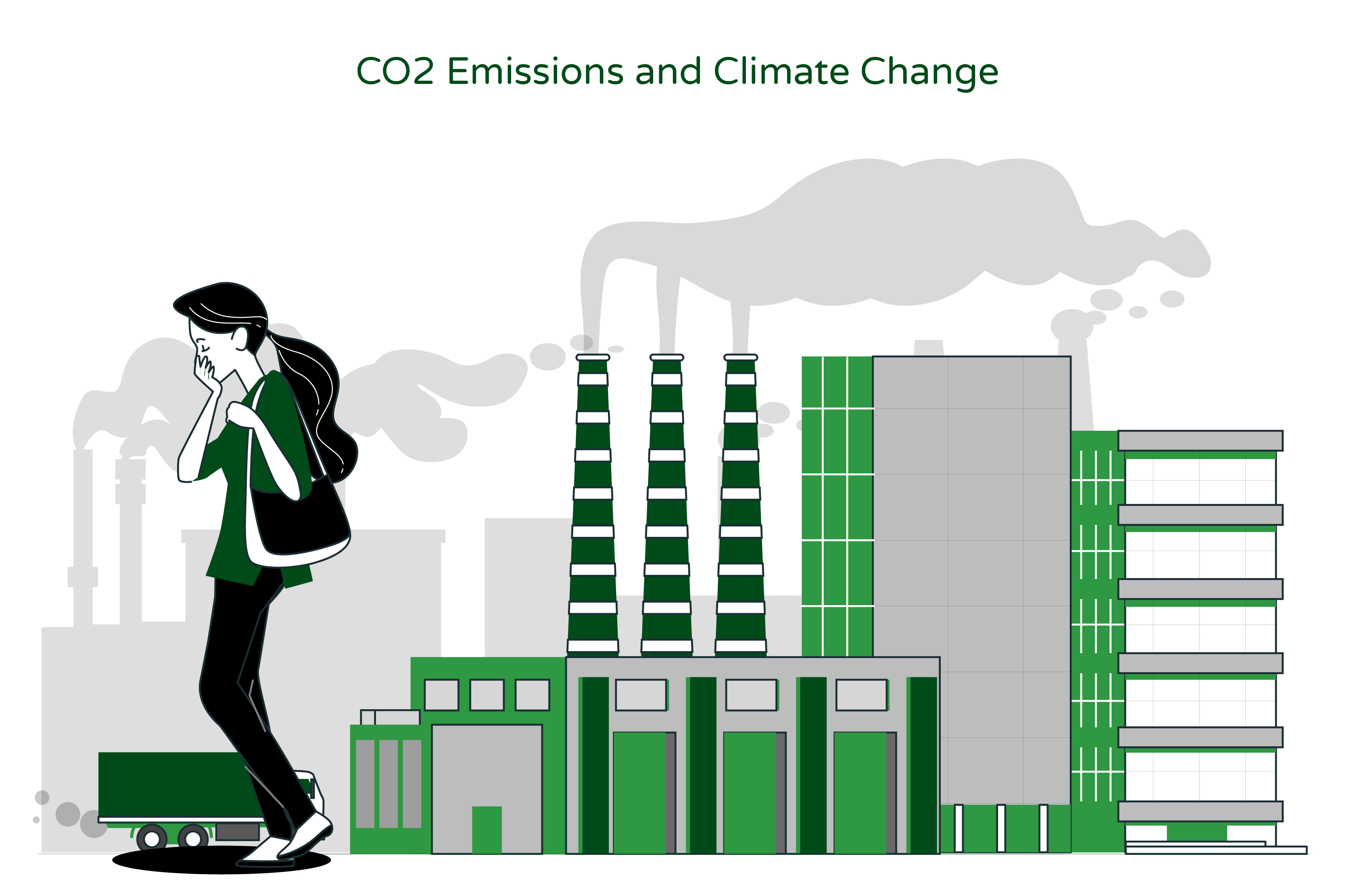 Illustration titled 'CO2 Emissions and Climate Change' depicting industrial emissions of carbon dioxide (CO2) and the negative impact on human health."  The illustration portrays two elements: industrial CO2 emissions and the adverse effects on human health.  On the right side of the image, there are visual representations of industries emitting CO2. This can include factories, smokestacks, or other sources of significant CO2 emissions. The emphasis is on showcasing the scale and impact of industrial activities contributing to CO2 levels in the atmosphere.  On the left side of the image, there is a girl depicted outside who appears unwell and struggling to breathe. This visual element represents the negative consequences of increased CO2 concentrations on human health. It aims to convey the idea that high levels of CO2 in the atmosphere can contribute to respiratory problems, discomfort, and adverse health effects.  The illustration highlights the link between industrial CO2 emissions and their detrimental impact on human well-being. It serves as a visual reminder of the urgent need to reduce CO2 emissions to mitigate the effects of climate change and safeguard human health.