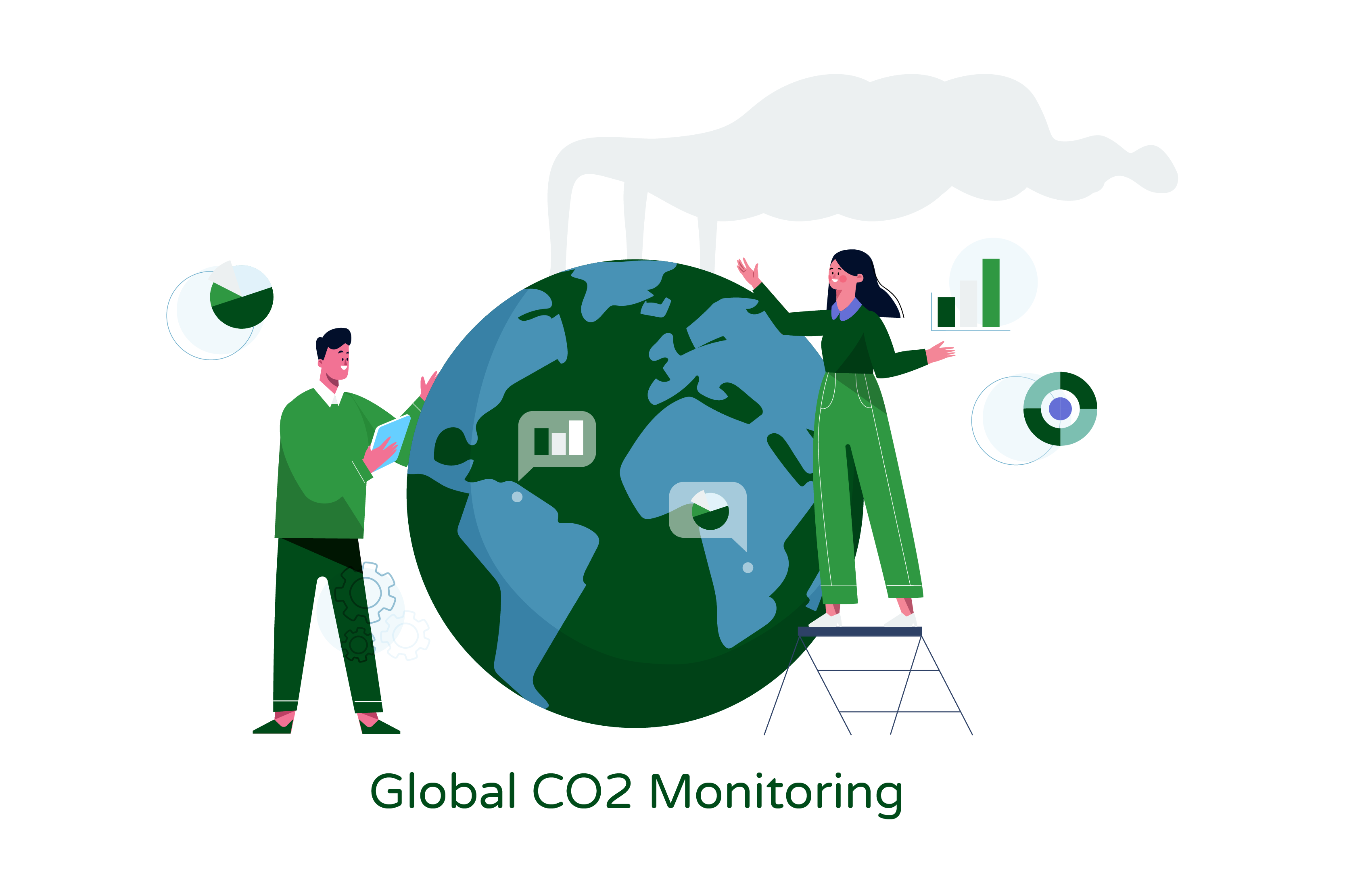 Illustration titled 'Global CO2 Monitoring' featuring a globe emitting CO2 and two people monitoring it with graphs and technology."  The illustration depicts a central element, a large globe emitting CO2, symbolizing global carbon dioxide emissions. Surrounding the globe, there are two individuals engaged in monitoring and analyzing CO2 levels using various tools and technologies.  The two people are shown using graphs and technology to track and analyze the CO2 emissions. They may be observing data on screens, interacting with sensors or instruments, or studying charts and graphs related to CO2 levels. This signifies their role in monitoring and assessing the global CO2 situation.  The illustration aims to represent the importance of monitoring CO2 emissions on a global scale and the utilization of advanced technology and data analysis in this process. It emphasizes the significance of understanding and tracking CO2 levels to address climate change and make informed decisions about mitigation strategies.