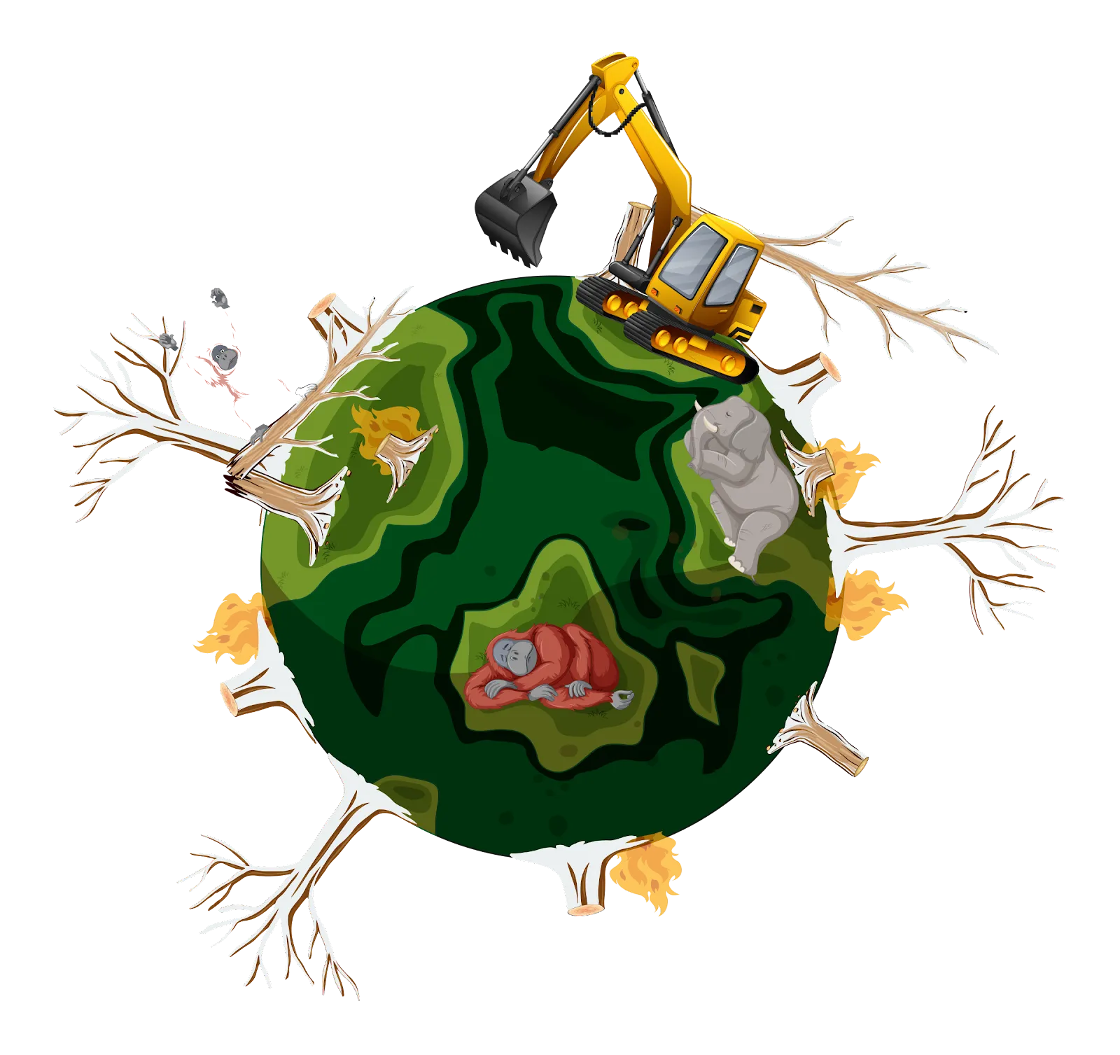 alt="An image titled "Deforestation" showing a globe with trees being cut down along each edge. A crane is positioned on top of the globe, symbolizing human intervention. Animals around the globe are depicted suffering from anxiety due to deforestation, highlighting the negative impact of deforestation on wildlife."