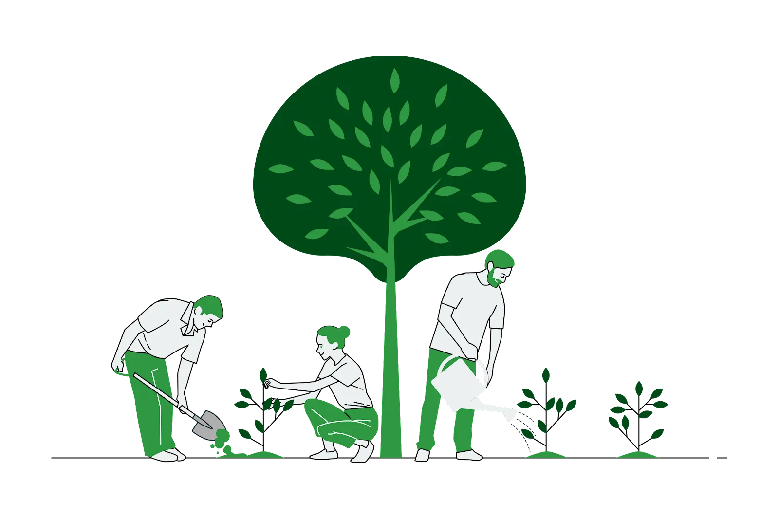  An image titled "Preventing soil erosion through reforestation" showing three people planting trees on soil. The image depicts individuals engaged in reforestation efforts by growing plants on the ground. In the background, a tall tree can be seen, symbolizing the positive impact of reforestation in preventing soil erosion and promoting environmental conservation.