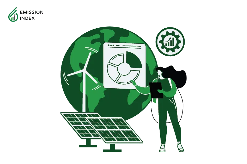A globe with a man standing outside, symbolizing the technological limitations of renewable energy. The illustration depicts solar panels and wind turbines, representing efficiency constraints in converting sunlight and wind into electricity. Research and development are shown as key elements to overcome these limitations and improve the efficiency of clean technology for better harnessing renewable energy.