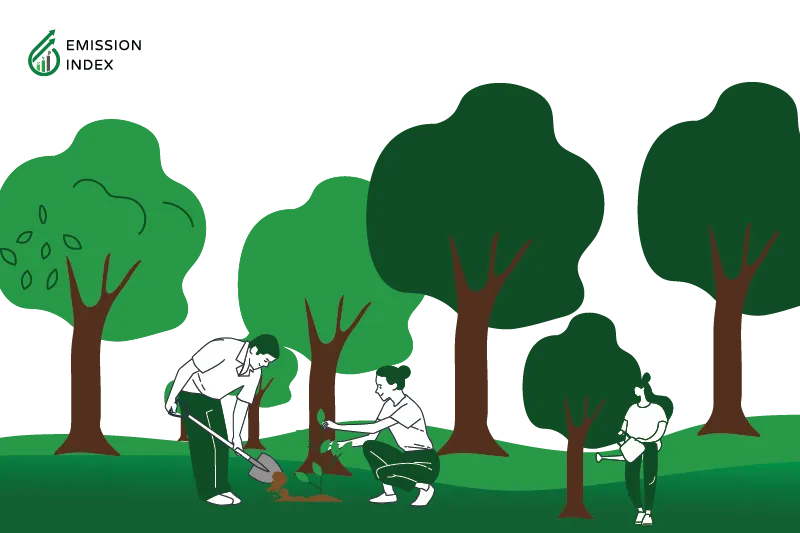 Three people actively engaged in reforesting, exemplifying effective solutions for preventing and mitigating the impact of deforestation and wildfires. The illustration highlights sustainable forestry practices, reforestation efforts, fire management and prevention strategies, and the use of technology to combat environmental challenges.