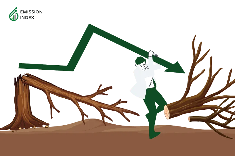 "Illustration titled 'Economic Effects.' The image shows an economy arrow leaning down, and a man is handling that arrow in a deforested forest. The purpose of the illustration is to showcase the economic implications of deforestation, indicating short-term gains at the expense of long-term sustainability. It highlights the threats to future economic stability due to biodiversity loss, climate change, and other impacts, emphasizing the need for sustainable practices and international cooperation for balanced economic development and environmental conservation."