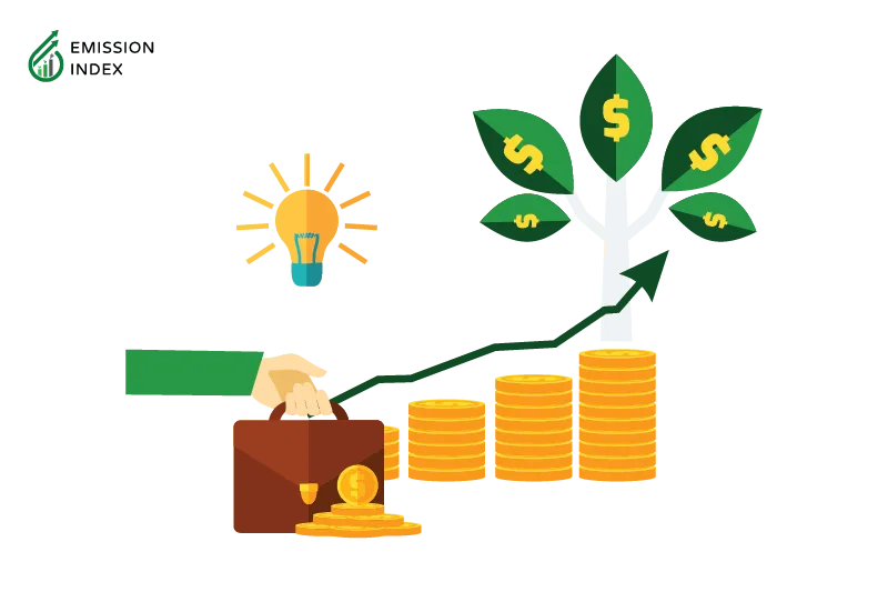 Illustration titled 'Job Creation and Economic Growth.' The image depicts the economic benefits of renewable energy, with dollar coin symbols representing economic growth. A plant with a money symbol on it signifies the potential for financial prosperity, and a hand picking up a bag of money symbolizes job creation. The illustration showcases how utilizing renewable energy sources can contribute to bolstering economies and creating employment opportunities.