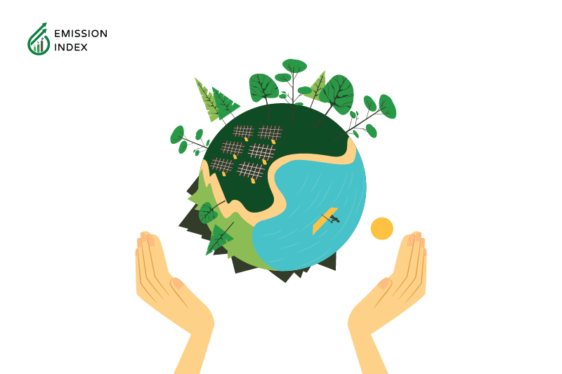 Illustration titled 'Benefits of Renewable Energy.' The image features two hands carrying a green sustainable globe, symbolizing the advantages of renewable energy. Harnessing power from natural sources like sunlight, wind, and water brings long-term benefits for the environment, the economy, and society.