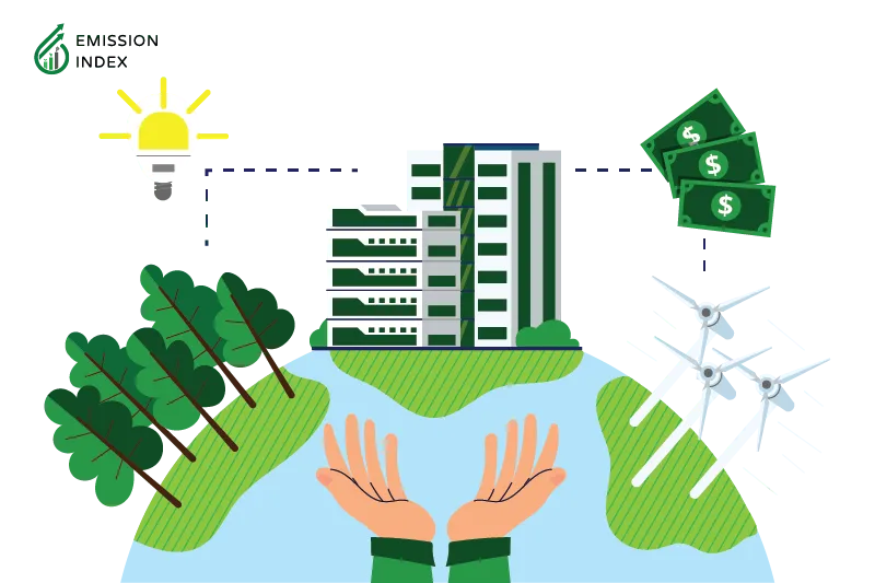 Illustration showing trees, skyscrapers, money and wind turbines