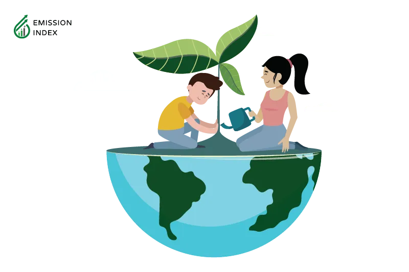  Illustration titled 'Policy Changes for Climate Change Education.' The image features a half-globe representing the Earth, with a girl and a boy sitting on top of it, actively planting a tree to promote a clean and green environment. The illustration symbolizes the importance of policy changes to support effective climate change education. Policies can include clear mandates for climate change education, allocation of necessary resources, and creating an enabling environment for successful implementation.