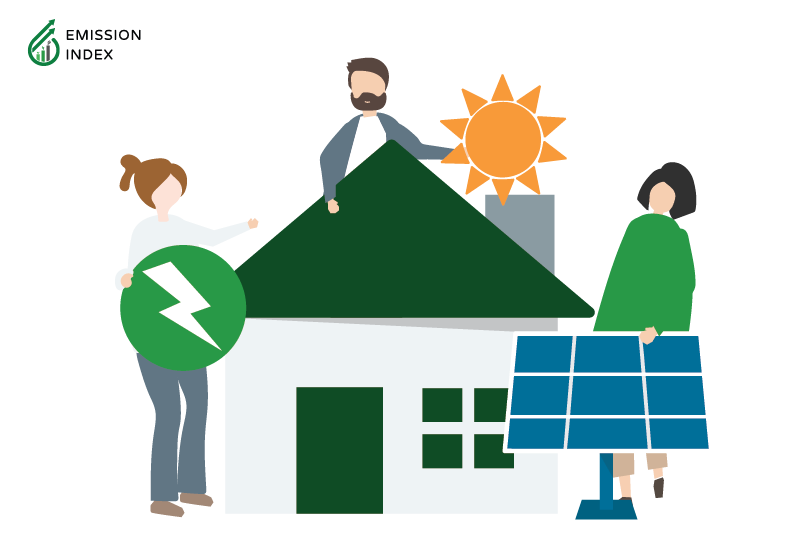 Illustration titled 'How to Implement Solar Energy in Your Life.' The image features three people with a house and solar panels, carrying energy. The illustration symbolizes the process of integrating solar energy into your life. By considering potential changes in future energy usage, such as adding an electric vehicle or expanding living space, you can understand your unique energy profile and make informed decisions when selecting a solar energy system.
