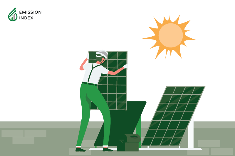Illustration titled 'The Future of Solar Energy.' The image depicts a man planting solar panels on the top of a building, symbolizing the pivotal role of solar energy in our global transition to renewable sources for a greener and more sustainable future. Solar power offers myriad advantages, including environmental benefits and economic viability, making it an attractive option for individuals, businesses, and governments. Technological innovations are driving down costs and enhancing the efficiency and reliability of solar energy systems. Solar energy's integration into transportation and green hydrogen production further highlights its potential impact. Together with other renewable sources like wind, hydropower, geothermal, and wave energy, solar energy will reduce reliance on fossil fuels and mitigate climate change impacts. Embracing solar power now will collectively contribute to a more sustainable and environmentally friendly future for generations to come.