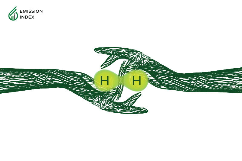 Illustration titled 'Application of Green Hydrogen.' The image depicts two hands shaking over the molecule of H2, representing the diverse applications of green hydrogen. Green hydrogen finds promise in transportation, where it can fuel vehicles with hydrogen fuel cells, reducing greenhouse gas emissions. It also plays a crucial role in energy storage, buffering the intermittency challenges of renewable sources. The industrial sector can benefit by replacing fossil fuels with green hydrogen, reducing carbon footprints and supporting ammonia production. Moreover, green hydrogen contributes to decarbonizing the heating sector by blending with natural gas or replacing it entirely, providing a low-carbon solution for residential and commercial applications.