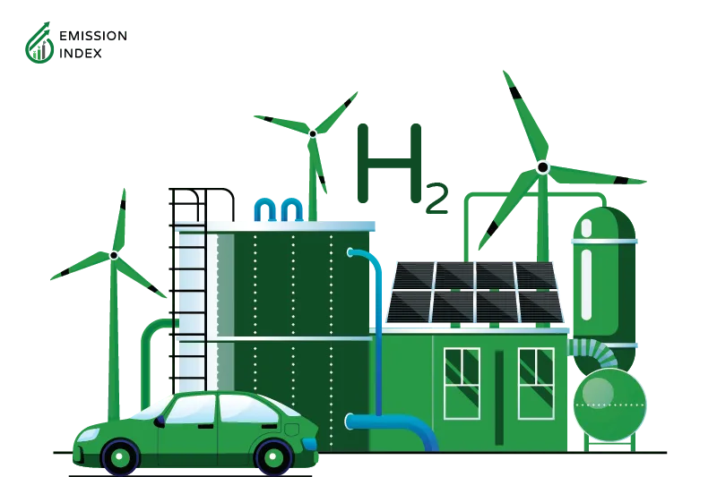 Illustration titled 'Benefits of Green Hydrogen.' The image features hydrogen pumps in various applications, including cars and turbines. The illustration showcases the positive environmental impact of green hydrogen, as its production and consumption do not release harmful greenhouse gases or pollutants. The eco-friendly process of producing green hydrogen emits only water vapor as a by-product.