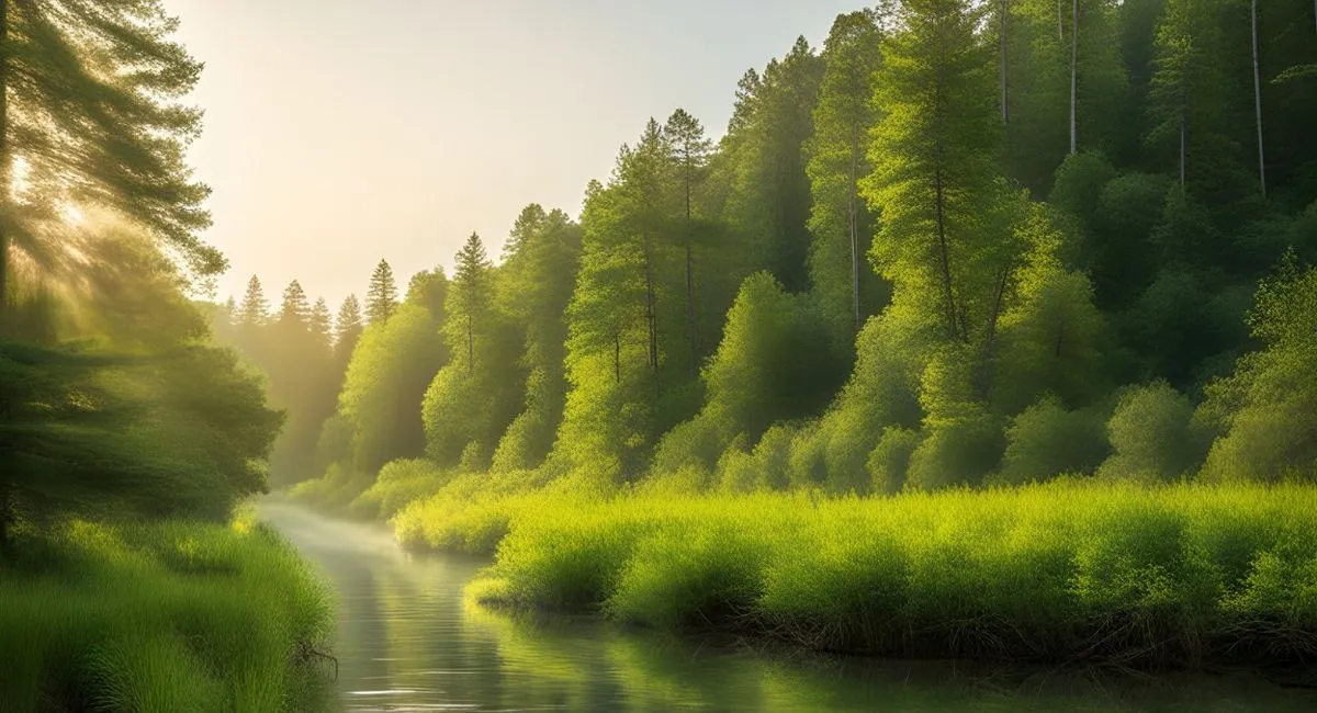 A serene landscape of a calm river flanked by lush green grass and dense forests. Sunlight filters through the trees, casting a golden glow on the mist above the movement of water.