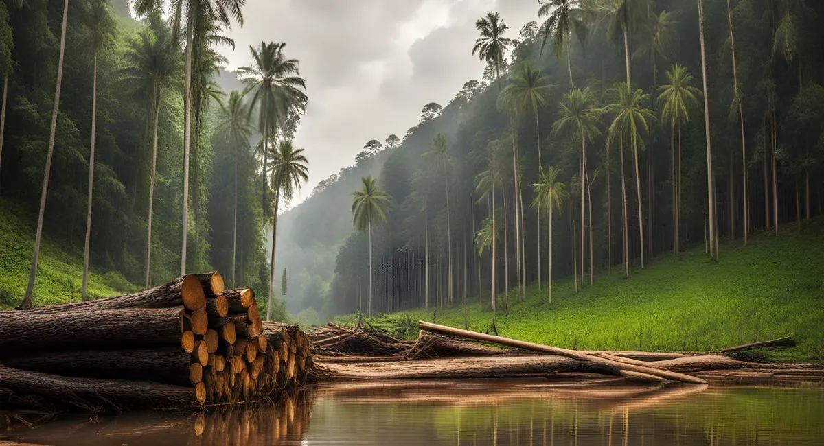 Scene of deforestation with cut logs by a water body surrounded by tall trees, highlighting the environmental impact of human activity