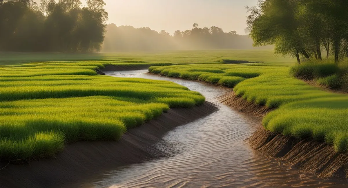 A tranquil scene of meandering waterways amidst vibrant green grassy mounds, under a soft morning light. In the background, mist lingers above an open field, bordered by trees.