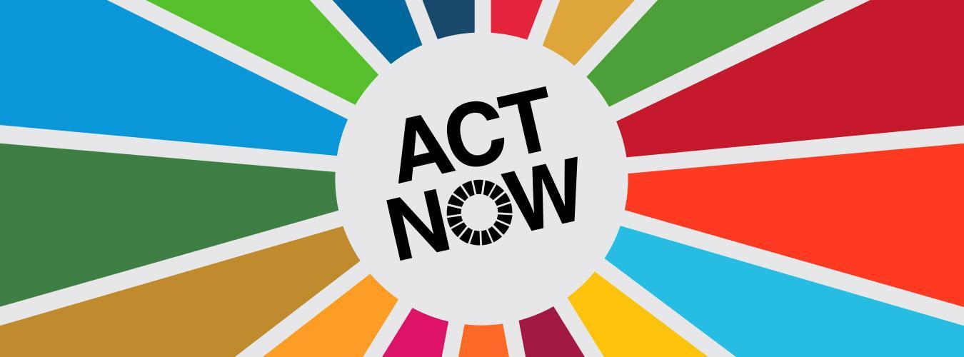 Vibrant radial design urging immediate action on pressing issues. The 'ACT NOW' centre signals urgency.