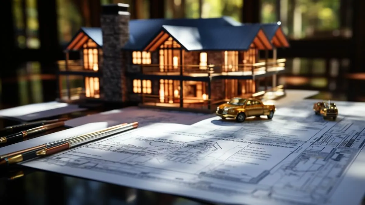 An image of a detailed miniature wooden house model placed on top of architectural plans. The house is lit from within, displaying warm glowing windows. There are also two small car models beside the house. The setting seems to be on a wooden table with the backdrop of a forest seen through large windows, suggesting a possible architect's or designer's workspace.