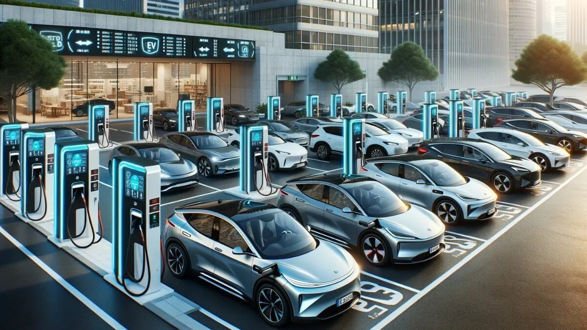 A futuristic cityscape depicting an advanced EV charging station hub. Multiple electric cars are parked and connected to state-of-the-art charging points. Digital signage overhead displays various icons related to EVs.