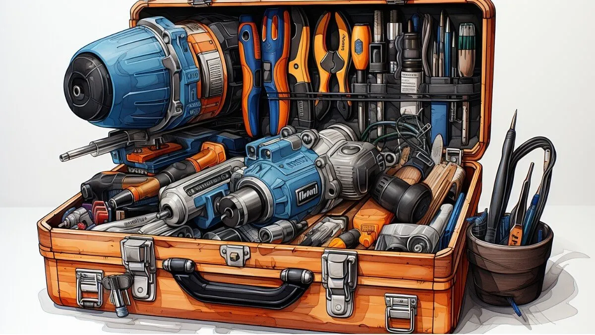 An intricately illustrated toolbox brimming with a multitude of tools. There's a large power drill, several smaller drills, pliers, screwdrivers, and other miscellaneous tools. The details are meticulous, and the tools appear well-organized within the box.