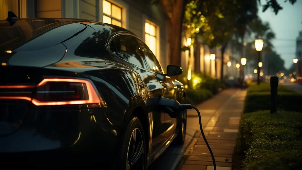 A night scene of an electric vehicle plugged into a charging station on a tree-lined city street. Streetlights cast a soft, ambient glow, and the vehicle's rear lights are illuminated, highlighting its connection to the charger.