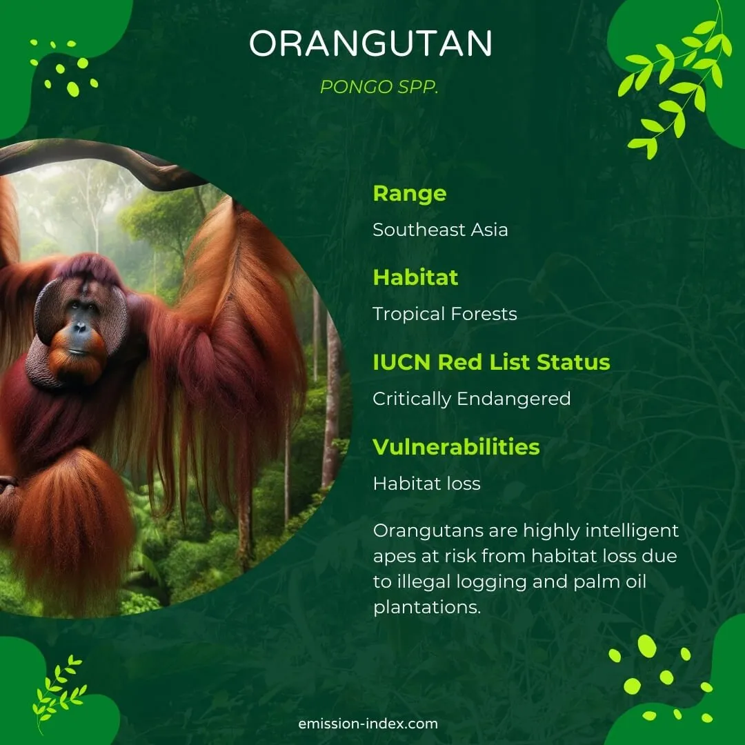Mature orangutan hanging from a tree branch, showcasing its long arms and reddish-brown fur, against a lush green forest backdrop.