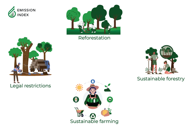 Illustration showing various sustainability and environmental activities. On the top left, people are planting trees while a rabbit watches. Below that, there's a truck loaded with logs, and a worker chopping wood. On the right, an educator is explaining the importance of trees to a child, using a globe as a visual aid. In the foreground, a cheerful individual sits behind a booth promoting recycling, surrounded by symbols indicating renewable energy sources.