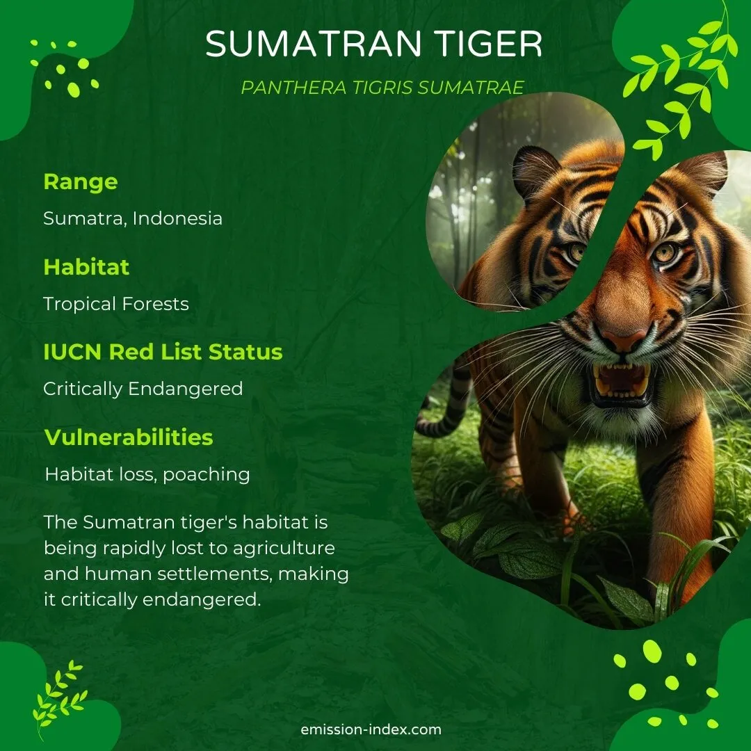 Sumatran tiger prowling in the grass, displaying its sharp teeth and vibrant orange coat with dark stripes, in a dense jungle setting.