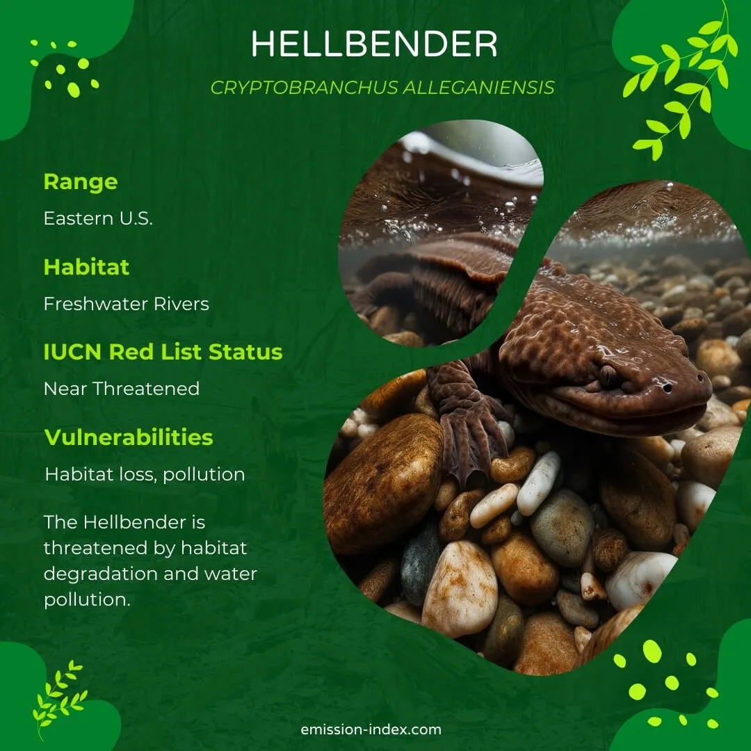 Hellbender submerged in a rocky streambed, its slimy brown skin blending with the stones as it hunts for prey.
