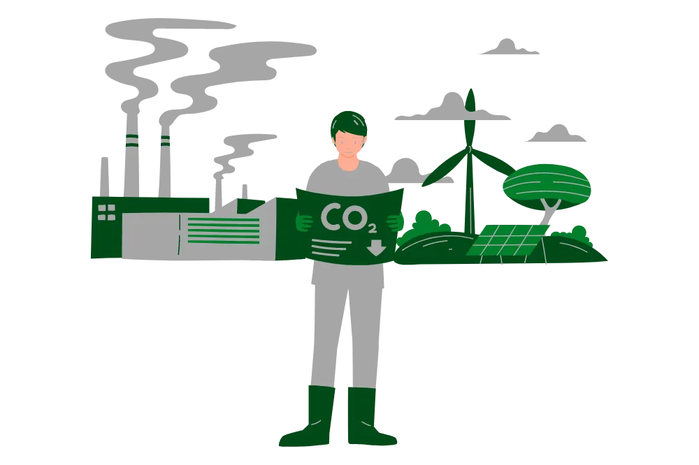 An illustration showing a man standing with a background divided into two sides. On one side, there is a depiction of sustainability measures, such as renewable energy sources and green transportation. On the other side, there is a factory emitting CO2. The man in the image is reading a paper that appears to be related to understanding the factors that contribute to emissions per capita. The image highlights the various factors that can influence the level of emissions per capita, including both sustainable and unsustainable practices..
