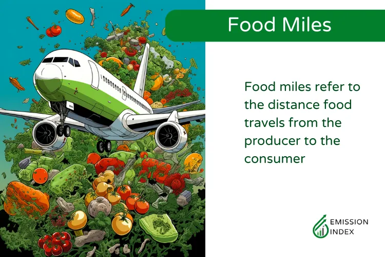 Illustrative concept of 'Food Miles' showing an airplane flying over a pile of assorted fruits and vegetables, indicating the environmental impact of transporting food across large distances from producer to consumer.