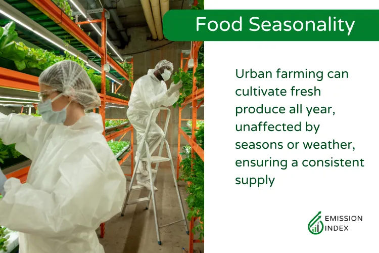 A controlled environment urban agriculture facility highlighting 'Food Seasonality.' Technicians in protective clothing tend to plants on vertical farms, exemplifying how urban farming can produce fresh food all year round, irrespective of seasonal changes.