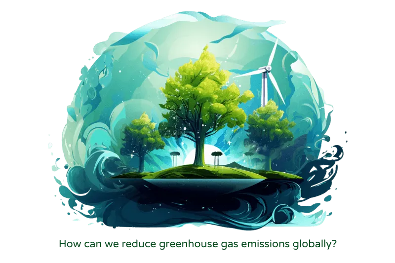 An artistic illustration poses the question 'How can we reduce greenhouse gas emissions globally?' at the bottom. It features a vibrant, floating island with lush green trees and a single wind turbine against a backdrop of swirling blue and green air currents, symbolizing clean energy and a healthy environment.