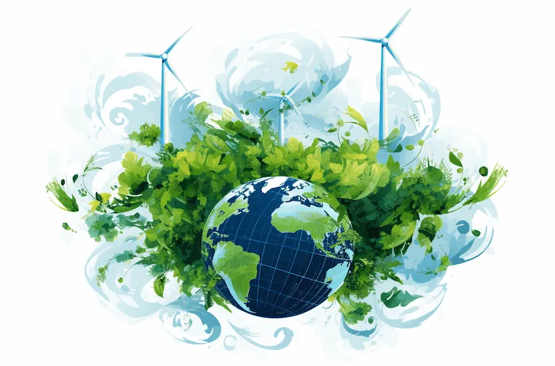 Illustration titled 'Role of Clean Energy Technologies.' The image depicts a green globe with turbines on it, symbolising clean energy technologies. These technologies support energy security by diversifying energy sources, reducing dependence on imported fuels, and increasing resilience against disruptions.